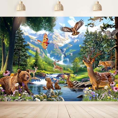 Wild Animal Backdrop 7Wx5H Feet Rainforest Mountain Safari Jungle Tapestry Tropical Tree Woodland Wall Hanging Polyester Fabric Photography Backgrounds Photo Shoot Decor Props Decoration - color: E-Animals, size: 7Wx5H