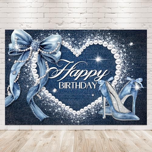 Newsely Denim and Diamonds Bow Backdrop 5Wx3H Photography Silver High Heels Happy Birthday Banner Pearl for Women Girls Background Blue Coquette Party Decorations Banner Photo Booth Props Supplies - color: C-blue bow, size: 5Wx3H
