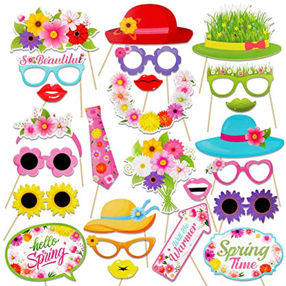 HOWAF 25 Pieces Hello Spring Photo Booth Props, Colorful Spring Flower Party Photo Booth Prop Spring Party Favor for Selfie Props Spring Party Supplies