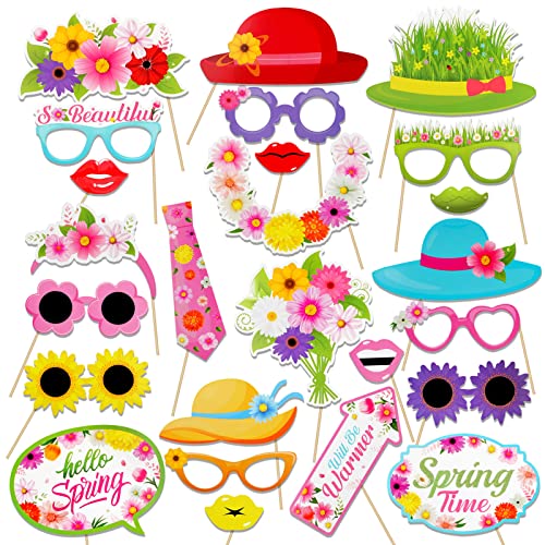 HOWAF 25 Pieces Hello Spring Photo Booth Props, Colorful Spring Flower Party Photo Booth Prop Spring Party Favor for Selfie Props Spring Party Supplies