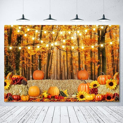Thanksgiving Fall Backdrop for Photography 10x8ft Maple Forest Pumpkin Hay Photo Backdrop Autumn Thanksgiving Harvest Photoshoot Background Kids Baby Adult Fall Theme Party Birthday Banner - color: NSW09651