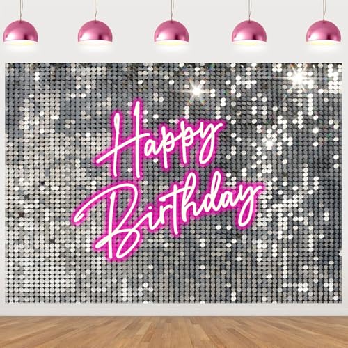 Withu Silver Sequins Pink Neon Happy Birthday Backdrop for Photography Shining Flash Stars Shimmer Wall Decoration Banner Princess Girls Women Bday Party Background 8x6ft - size: 8x6ft