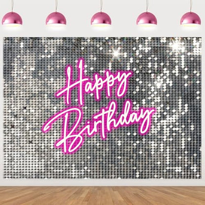 Withu Silver Sequins Pink Neon Happy Birthday Backdrop for Photography Shining Flash Stars Shimmer Wall Decoration Banner Princess Girls Women Bday Party Background 8x6ft - size: 8x6ft