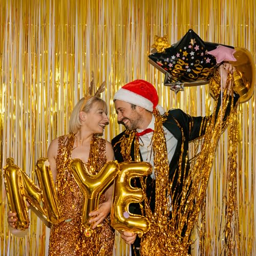 Gold Tinsel Backdrop Curtains, Melsan 3.2 x 8 ft Gold Foil Fringe Curtain Streamers for Birthday, Anniversary, Graduation & Photo Booth, Pack of 2 - color: Gold, size: 3.2 x 8 ft