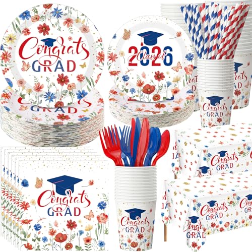 Ceenna 452 Pcs 2026 Red White Blue Floral Graduation Party Decoration for 50, Wildflower Congrats Grad Paper Plates Napkins Cups Tablecloth Cutlery Straw Grad Tableware for Class of 2026 Party Supply - color: Red Blue