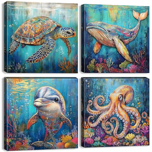 Bathroom Wall Art 16x16" 4Pcs, Blue Ocean Canvas Painting Vintage Wood Grain Background Animal Artwork Nautical Underwater World Cartoon Sea Turtle Octopus Posters Living Room Nursery Home Decorations - color: Sea Animals, size: 16"l X 16"w