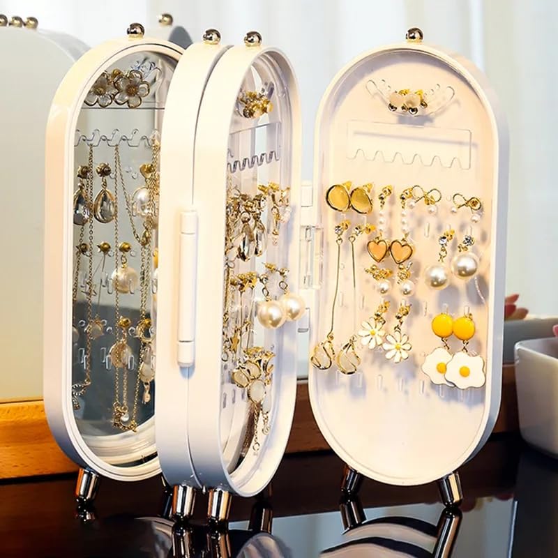 Tvoip Earring Organizer Stand，4-Layer Small Foldable Dustproof Jewelry Holder with 153 Holes For Women Earrings, Earring Backs, Necklaces,Display Jewelry Organizer (White) - color: White