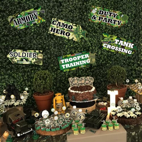 Hooqict 20 Pieces Camo Party Signs Army Birthday Party Decorations Camouflage Military Birthday Party Supplies for Boys Men Army Themed Directional Sign - style: Camo