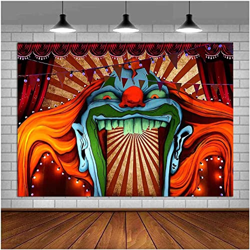 Vinyl 8X6FT Scary Giant Clown Photography Backdrop Red White Stripe Carnival Photo Background Photo Booth Studio Props Supplies Horror Circus Haunted House Halloween Party Banner Decorations - size: 8x6ft