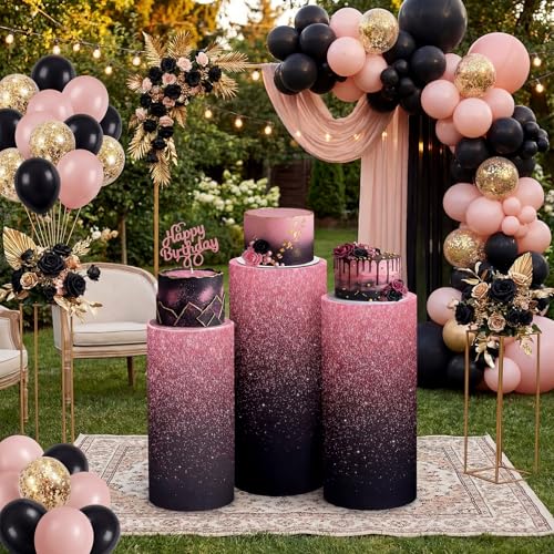Mindsoft Set of 3 Rose Gold Glitter Spandex Cylinder Stand Covers for Party, Graduation Cylinder Pedestal Covers, Dessert Tables Display for Birthday Party Wedding Baby Shower Backdrop Decor - color: Black Pink, style: Glitter