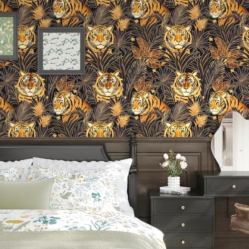 BOKEBEVE Black and Gold Tiger Wallpaper Peel and Stick Leaf Wall Paper Jungle Tropical Contact Paper for Bedroom Living Room Bathroom Renter Friendly Removable 17.5 x 118In - color: Black/Gold/Brown, size: 17.5" x 118"