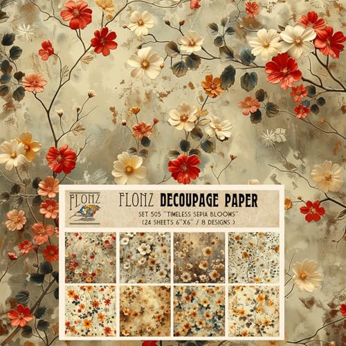Decoupage Paper Pack (24 Sheets 6"x6") Timeless Sepia Blooms: Vintage Floral Designs in Soft Beige, Warm Reds, and Delicate Cream Hues # Vintage Styled Paper for Craft and Scrapbooking - color: FortyThree