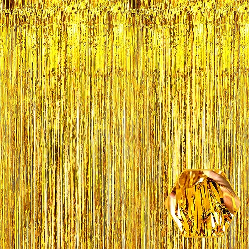 6 Pack Gold Foil Fringe Curtain Backdrop, 3.28Ft x 6.6Ft Metallic Tinsel Foil Fringe Streamer Curtains for Photo Booth, Christmas Day, Thanksgiving, Wedding, New Year Party Decorations - color: Gold