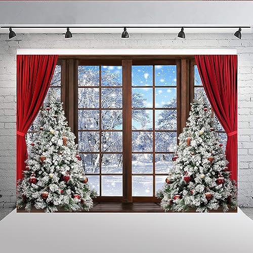 Lofaris 7x5ft Winter Scene Backdrop Wonderland Snowflake Photography Background Window Red Curtain Forest Christmas Tree Party Decoration Tree Landscape Kids Portrait Photobooth Photo Studio Props