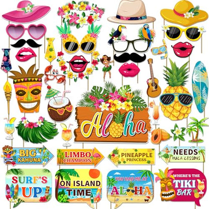 42pcs Luau Party Decorations Photo Booth Props Kit, Hawaiian Themed Party Supplies Tropical Photo Booth Props for Summer Beach Pool