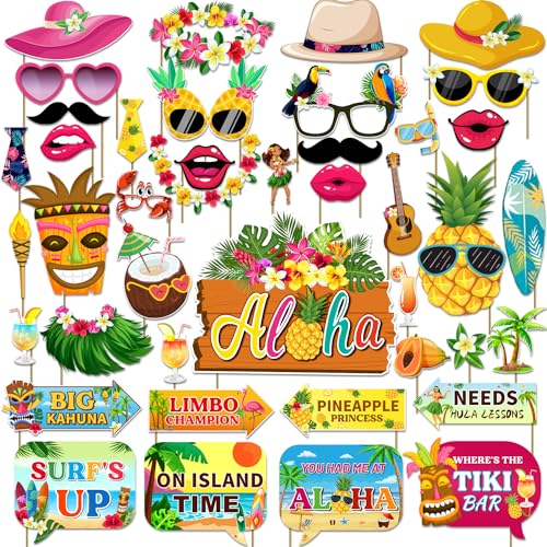 42pcs Luau Party Decorations Photo Booth Props Kit, Hawaiian Themed Party Supplies Tropical Photo Booth Props for Summer Beach Pool