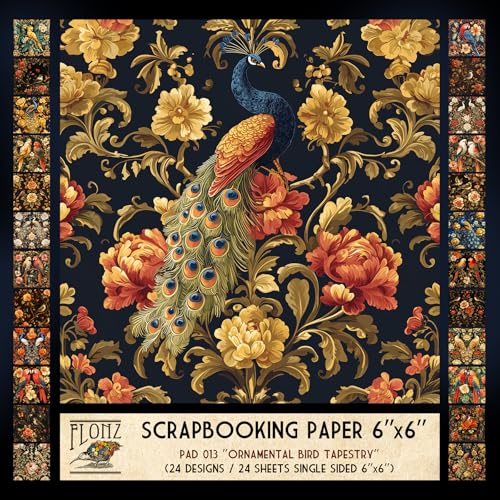FLONZ Scrapbook Paper (24 sheets 6"x6") Ornamental Bird Tapestry ~ A lush collection of exotic birds and florals in richly detailed baroque-inspired style with dark backgrounds and vintage elegance