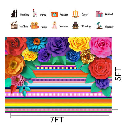 Mexican Theme Party Striped Backdrop Fiesta Cinco De Mayo Paper Flowers Background Party Decoration for Cake Table Decor Photo Booth 7X5FT - size: 7′x5′