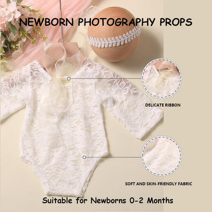 Newborn Photography Props - Lace Romper with Headband for Infant Photo Shoot - Girls Photoshoot Outfit (White) - color: White