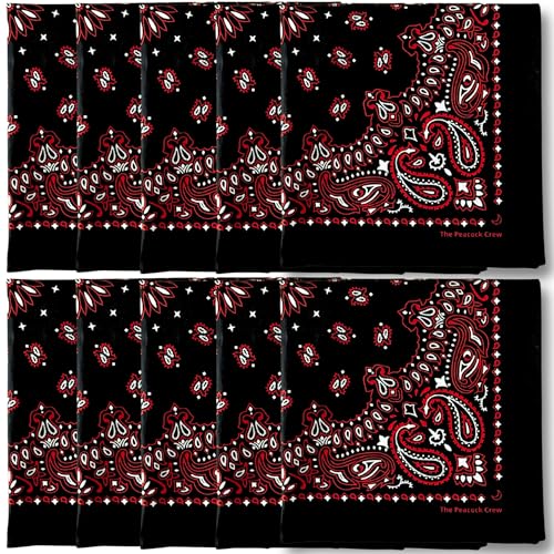 The Peacock Crew Premium Soft Cotton Bandanas Pack for Men and Women Paisley 22 x 22 inches - color: Pack of 10 Black Gothic