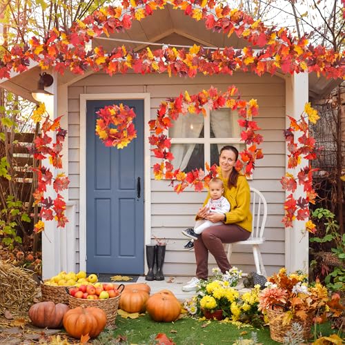 Helimoto 12 Pack Fall Mantle Garland, 70.8 FT Vines Fall Garland, Artificial Hanging Fall Decorations for Home and Outdoor Indoor Autumn Halloween Thanksgiving Decor Wedding Party Fireplace Mantle - color: Red Yellow, size: 12 Pcs
