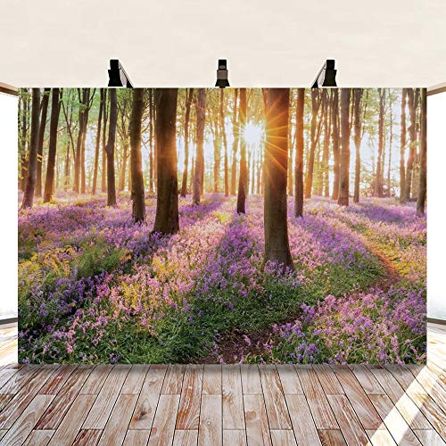 shensu Vinyl 10x8ft Sunshine Forest Purple Flowers Backdrops for Photography Green Trees Wildflowers Spring Summer Scenery Photo Background Portrait Photoshoot Booth Studio Props Party Decoration - size: 10x8ft