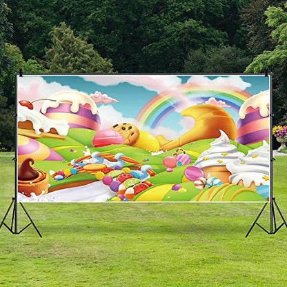 AOFOTO 15x8ft Candyland Backdrop Fantasy Giant Lollipop Candy Land Candy Themed Party Decorations Banner Cartoon Rainbow Ice Cream Dessert Shop Decor Background Kids Baby Birthday Photoshoot Props - size: 15x8ft