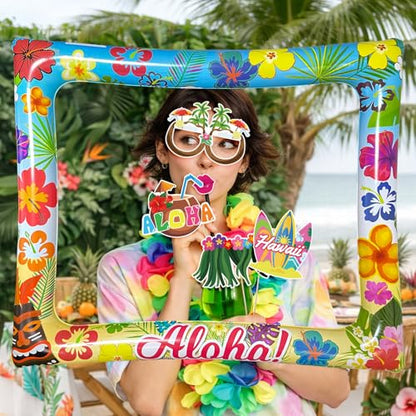 Hawaiian Photo Booth Props & Inflatable Frame, 30Pcs Luau Photobooth Props with Large Inflatable Inflatable Selfie Picture Frame for Summer Tropical Aloha Luau Party Selfie Supplies - color: Hawaii