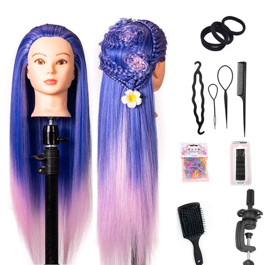 Mannequin Head with Hair 26" mannequin doll head styling manikin head Cosmetology Doll Head Multicolored Synthetic Fiber Hair（Table Clamp Stand Included) (Blue Pink multicolor) - color: Blue Pink multicolor