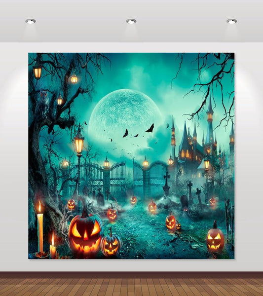Happy Halloween Party Photo Background - 10x10ft Scary Cemetery Graveyard Skeleton Spooky Ghost Banner Decorations for Kids & Adults - size: 10x10ft