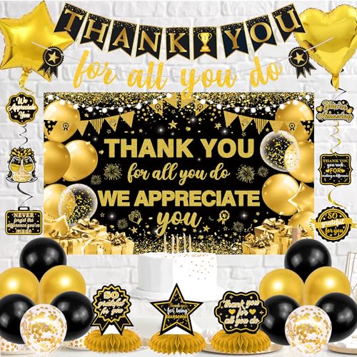 Vlipoeasn We Appreciate You Banner Decorations, Black Gold Thank You for All You Do Backdrop Banner Honeycomb Centerpieces, Retirement Office Decor Staff Teachers Professors Doctor Nurses Appreciation - style: Black Gold