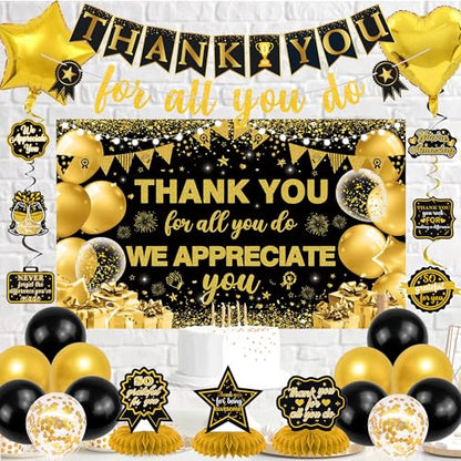 Vlipoeasn We Appreciate You Banner Decorations, Black Gold Thank You for All You Do Backdrop Banner Honeycomb Centerpieces, Retirement Office Decor Staff Teachers Professors Doctor Nurses Appreciation - style: Black Gold