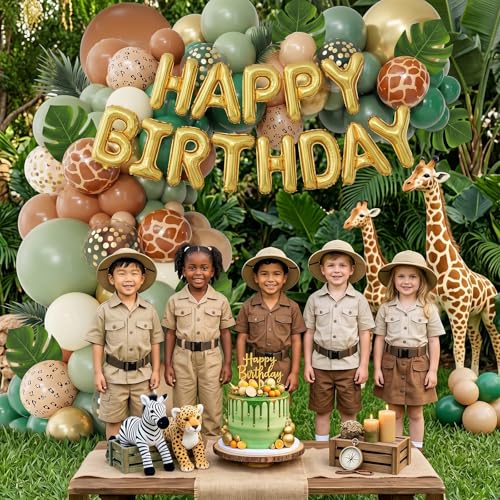 Sage Green Brown Balloons, 60 Packs 12 inch Olive Green Gold Safari Balloons with Animal Print Balloons for Wild One Jungle Baby Shower Boys Hunting Tropical Woodland Birthday Party - color: Green Brown Gold