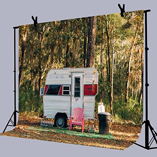 Camp Party Camping Backdrop 7x5ft Sunny Forest Camper Trailer Nature Scenery Photography Background Studio Photo Prop RBJYYLU24 - size: polyester microfiber fabric-7x5ft