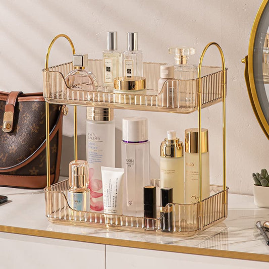 shuang qing Bathroom Counter Organizer Countertop Storage, Cosmetics Skincare Shelf, Makeup Organizer Perfume for Dresser Vanity Tray, Spice Rack for Kitchen(2 Tier-Gold) - color: Honorable Gold, size: Standard-2 Tier