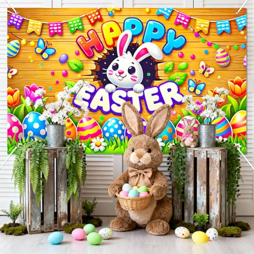 BlissYard Happy Easter Party Backdrop Banner Bunny Backdrop 71x43 Inch Spring Easter Cute Rabbit Colorful Eggs Floral Background Photography Baby Shower Party Photo Booth Props - color: Easter Bunny#6