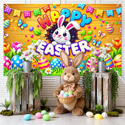BlissYard Happy Easter Party Backdrop Banner Bunny Backdrop 71x43 Inch Spring Easter Cute Rabbit Colorful Eggs Floral Background Photography Baby Shower Party Photo Booth Props - color: Easter Bunny#6