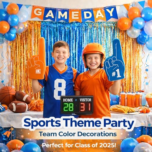 Melsan Heavy Duty Tinsel Fringe Curtain, 3 Pack 3.2 x 8.2 ft Extra Long Thicker Blue & Orange Streamers, Includes Adhesive + 3 Extra 3.1 Ft Tapes, Blue Dog Themed Birthday Backdrop & Photo Booth Prop - color: Blue and Orange