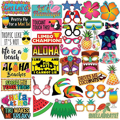 Luau Photo Booth Props - 40 Pieces - Hawaiian Tropical Tiki Party Supplies, Decorations and Gifts