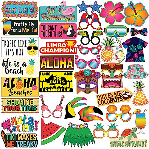 Luau Photo Booth Props - 40 Pieces - Hawaiian Tropical Tiki Party Supplies, Decorations and Gifts