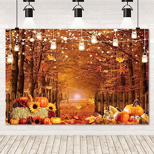 Fall Thanksgiving Backdrop for Photography 10x8ft Autumn Forest Maple Leaves Pumpkin Wood Fence Haystack Photo Backdrop Farm Harvest Thanksgiving Party Background Decor Kids Adult Photo Props