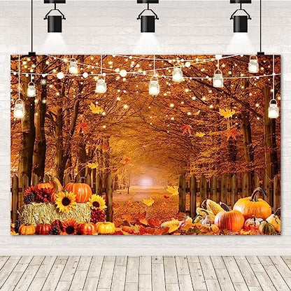 Fall Thanksgiving Backdrop for Photography 10x8ft Autumn Forest Maple Leaves Pumpkin Wood Fence Haystack Photo Backdrop Farm Harvest Thanksgiving Party Background Decor Kids Adult Photo Props