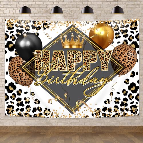 Newsely Leopard Happy Birthday Backdrop 7Wx5H Photography Woman Girl Cheetah Print Queen Golden Glitter Balloons Luxury Elegant Vintage Background Party Decorations Banner Photo Booth Props Supplies - color: F-leopard, size: 7Wx5H