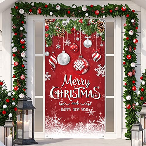 Irenare Christmas Door Cover Snowflake Merry Christmas Background Banner Xmas Fabric Door Banner Photography Hanging Cover Photo Booth Props Decorations for House Doors Decor, 70.9 x 35.4 Inch - style: Snowflake