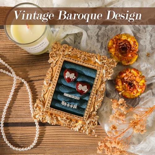 Vintage Ring Holder Rectangle Gold Velvet Display Stand - Baroque Jewelry Organizer Box Tray for Wedding Engagement Anniversary Women Birthday Christmas Gift Photograph Prop (MPF05-Gold Blue) - color: MPF05-Gold Blue