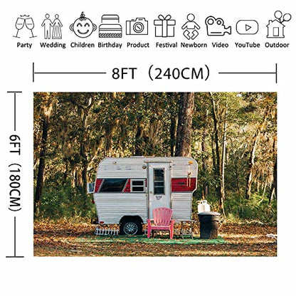 Camp Party Camping Backdrop, 8x6FT, Sunny Forest Camper Trailer Nature Scenery Photography Background Studio Photo Prop BJLU83 - size: vinyl-8x6ft