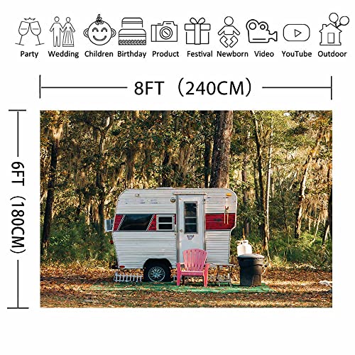 Camp Party Camping Backdrop, 8x6FT, Sunny Forest Camper Trailer Nature Scenery Photography Background Studio Photo Prop BJLU83 - size: vinyl-8x6ft