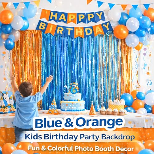 Melsan Heavy Duty Tinsel Fringe Curtain, 3 Pack 3.2 x 8.2 ft Extra Long Thicker Blue & Orange Streamers, Includes Adhesive + 3 Extra 3.1 Ft Tapes, Blue Dog Themed Birthday Backdrop & Photo Booth Prop - color: Blue and Orange