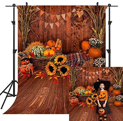 8X8FT Fall Thanksgiving Wooden Floor Barn Autumn Pumpkins Maple Leaves Sunflower Baby Portrait Party Halloween Decoration Vinyl Photography Backdrop Photo Booth Background Studio Prop TP295B - size: 8'x8'