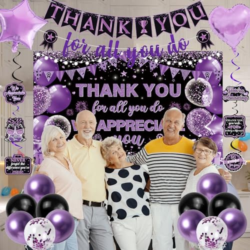 Vlipoeasn We Appreciate You Banner Decorations, Black Purple Thank You for All You Do Backdrop Banner Honeycomb, Retirement Office Decor Staff Teachers Professors Doctor Nurses Appreciation - style: Purple